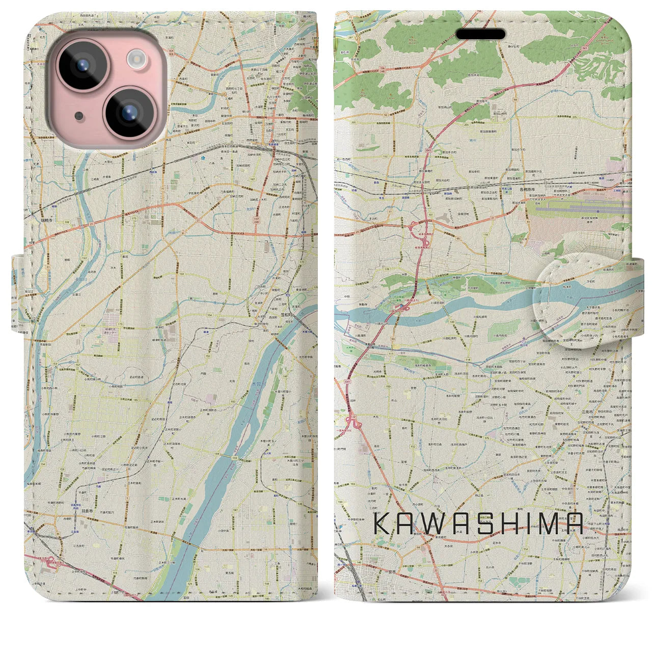【川島】地図柄iPhoneケース（手帳両面タイプ・ナチュラル）iPhone 15 Plus 用
