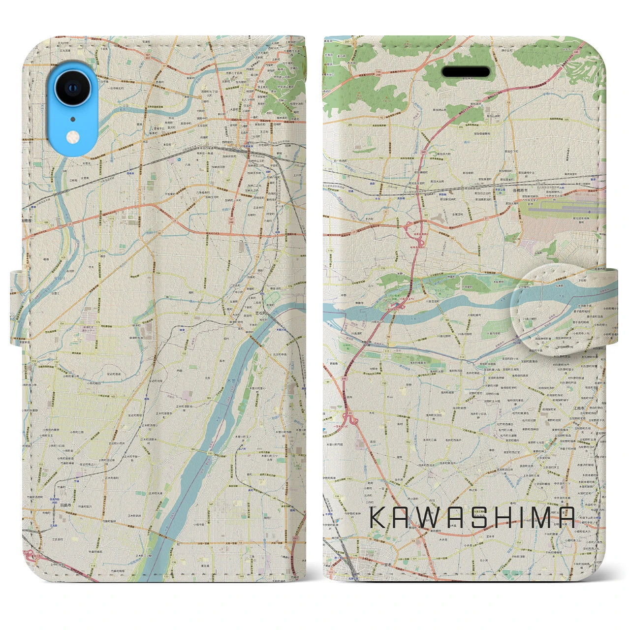 【川島】地図柄iPhoneケース（手帳両面タイプ・ナチュラル）iPhone XR 用