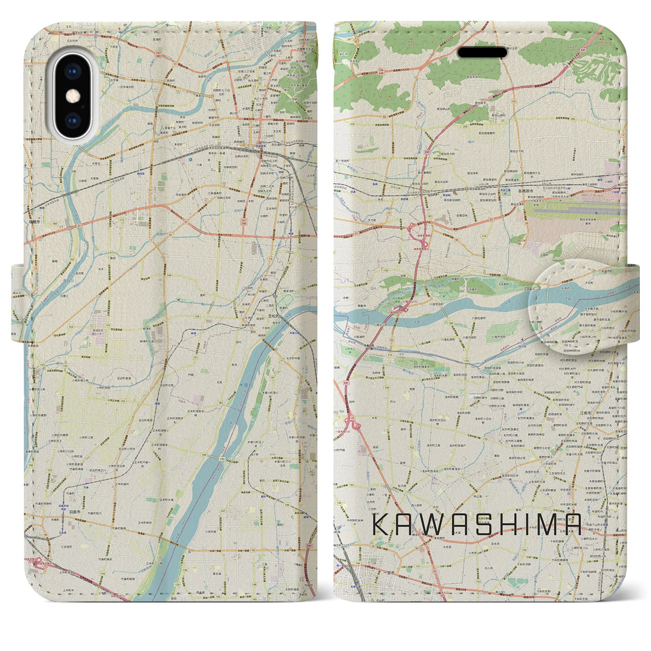 【川島】地図柄iPhoneケース（手帳両面タイプ・ナチュラル）iPhone XS Max 用