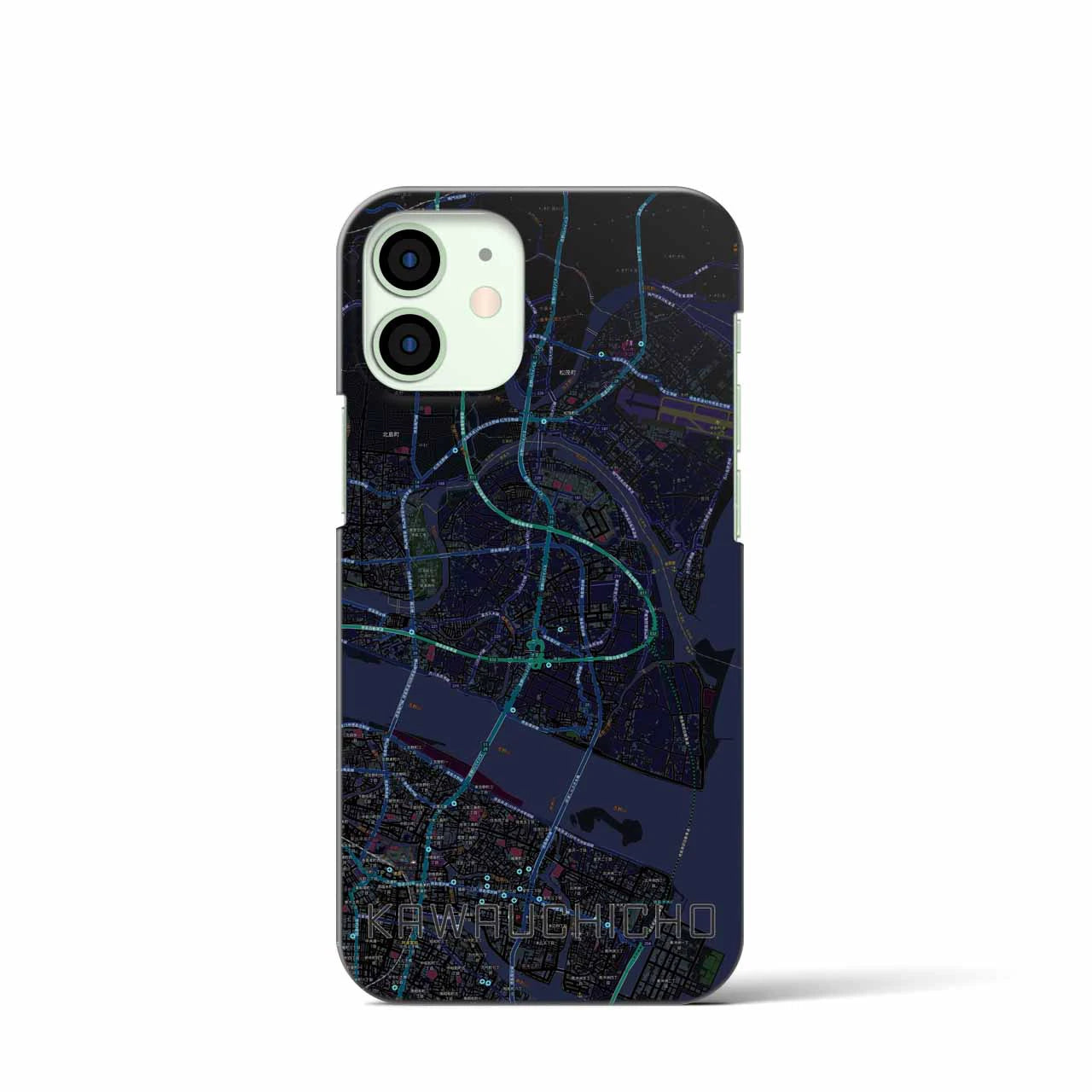 【川内町】地図柄iPhoneケース（バックカバータイプ・ブラック）iPhone 12 mini 用