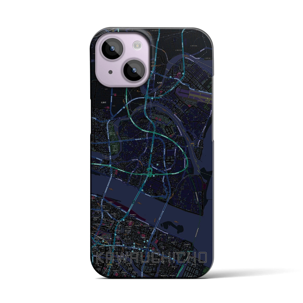 【川内町】地図柄iPhoneケース（バックカバータイプ・ブラック）iPhone 14 用