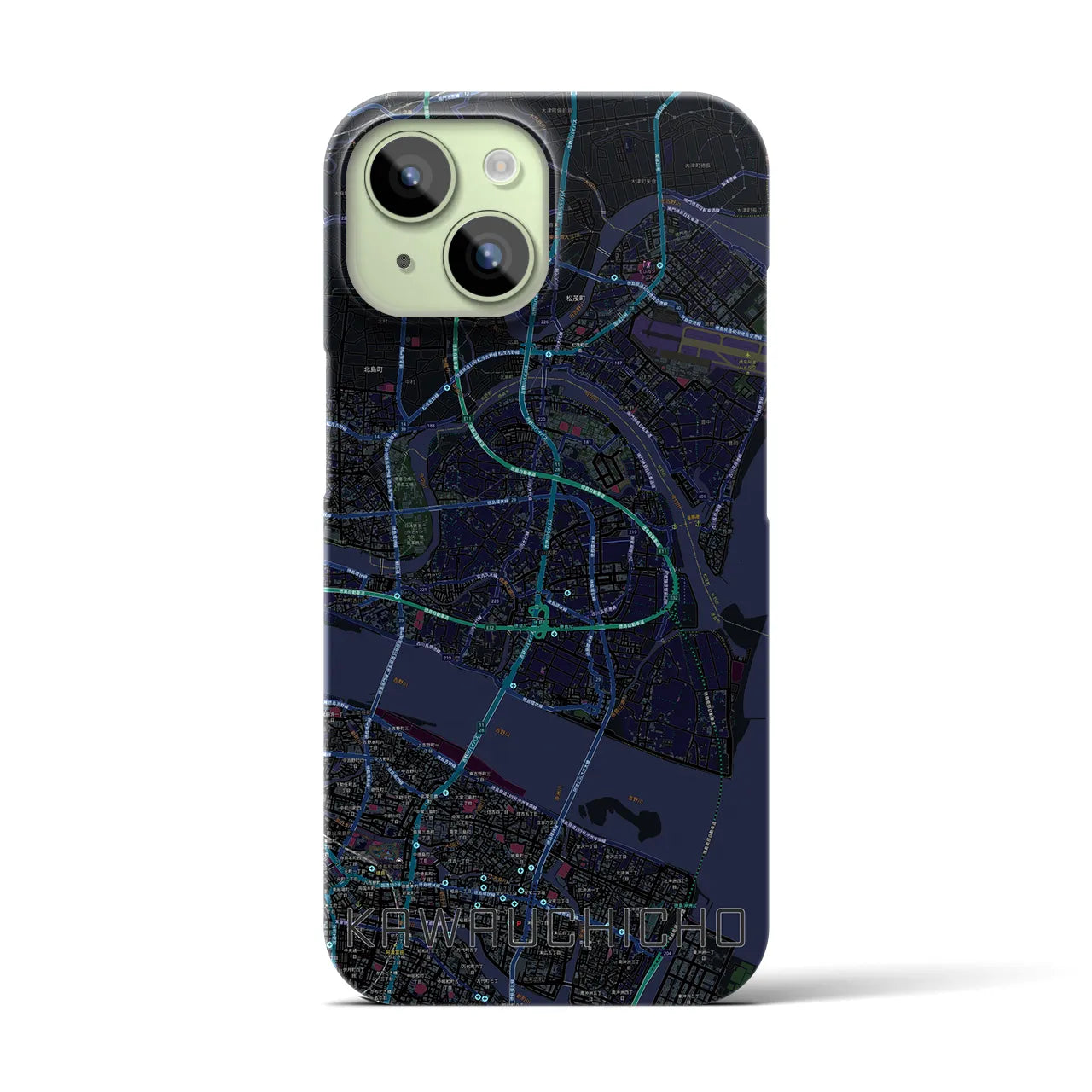 【川内町】地図柄iPhoneケース（バックカバータイプ・ブラック）iPhone 15 用