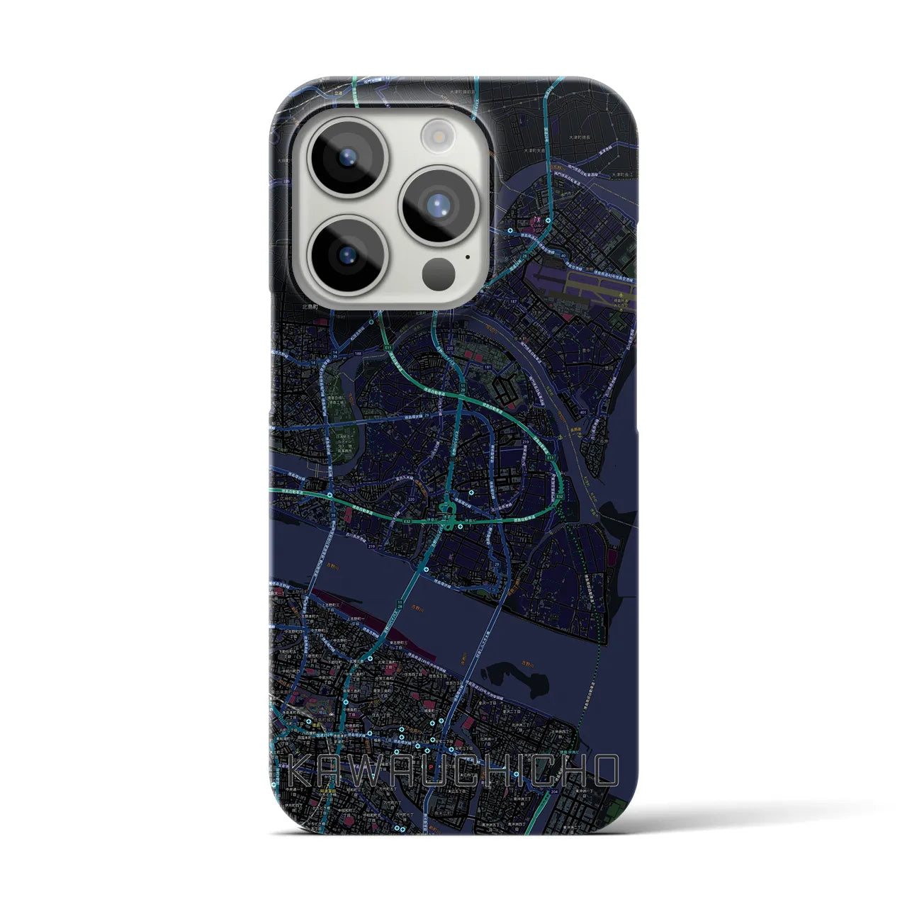 【川内町】地図柄iPhoneケース（バックカバータイプ・ブラック）iPhone 15 Pro 用