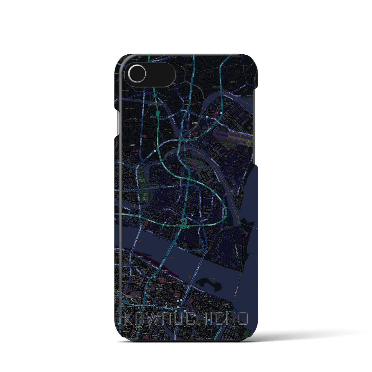 【川内町】地図柄iPhoneケース（バックカバータイプ・ブラック）iPhone SE（第3 / 第2世代） / 8 / 7 / 6s / 6 用