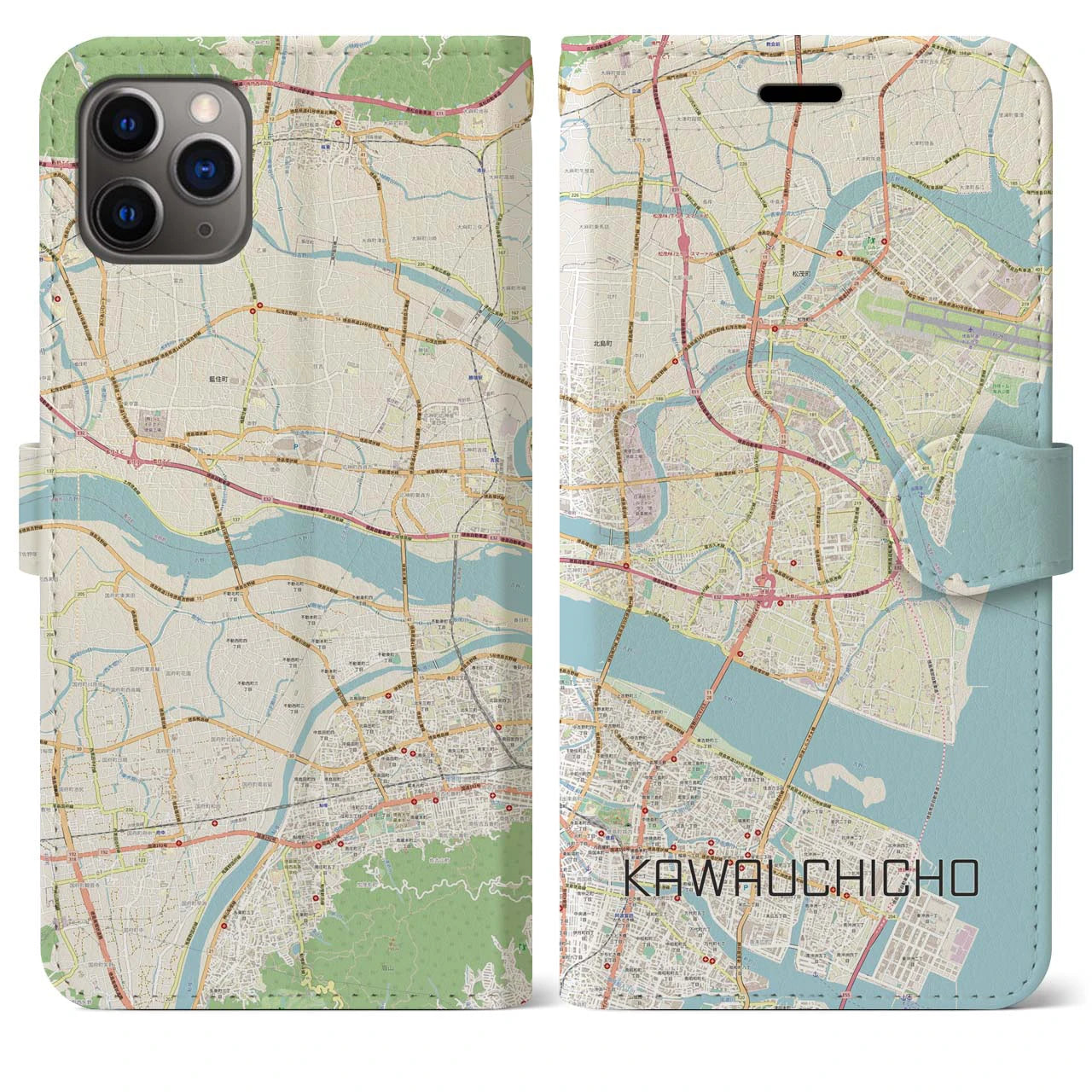 【川内町】地図柄iPhoneケース（手帳両面タイプ・ナチュラル）iPhone 11 Pro Max 用