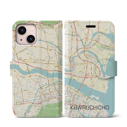 【川内町（徳島県）】地図柄iPhoneケース（手帳タイプ）ナチュラル・iPhone 13 mini 用