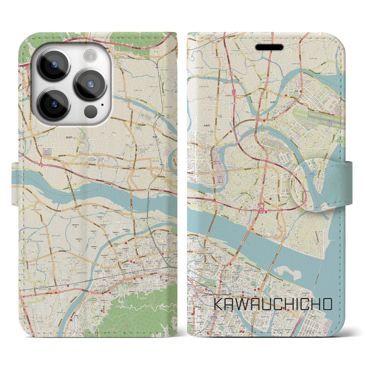 【川内町】地図柄iPhoneケース（手帳両面タイプ・ナチュラル）iPhone 14 Pro 用