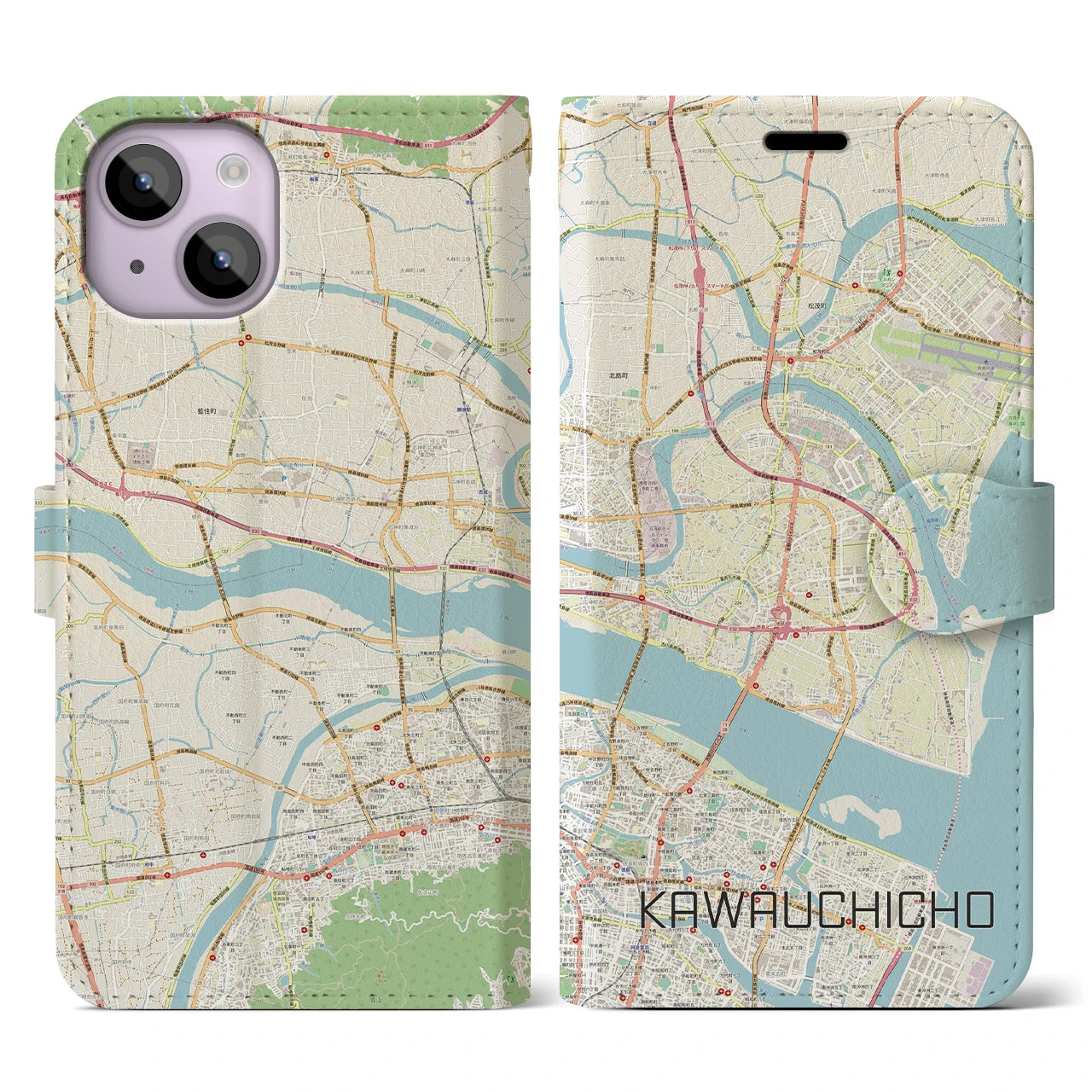 【川内町】地図柄iPhoneケース（手帳両面タイプ・ナチュラル）iPhone 14 用