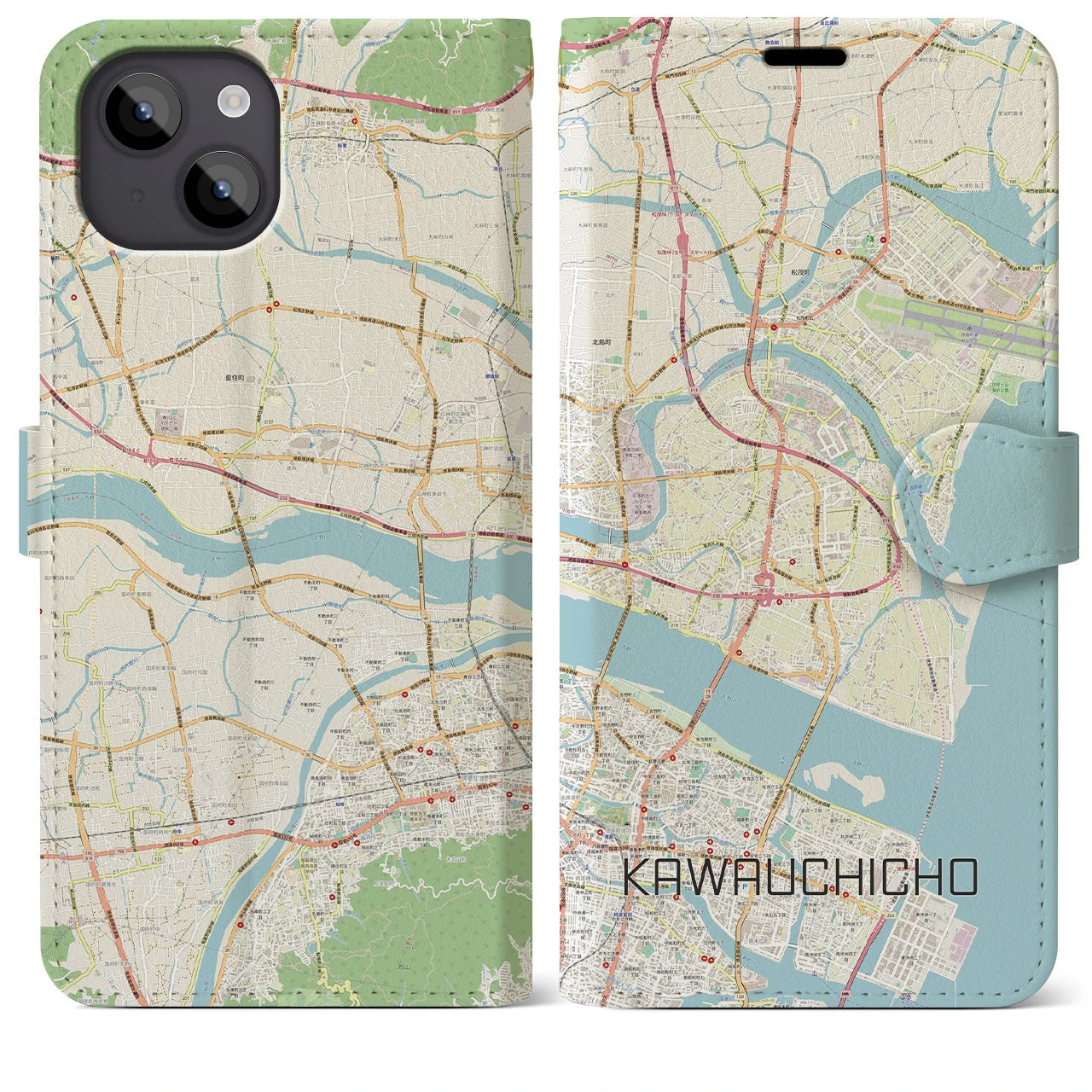 【川内町】地図柄iPhoneケース（手帳両面タイプ・ナチュラル）iPhone 14 Plus 用