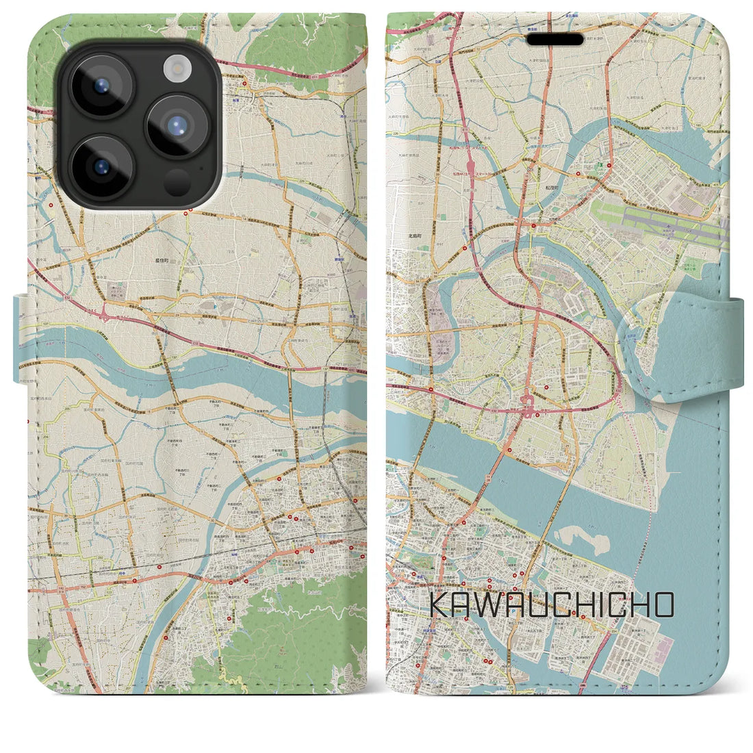 【川内町】地図柄iPhoneケース（手帳両面タイプ・ナチュラル）iPhone 15 Pro Max 用