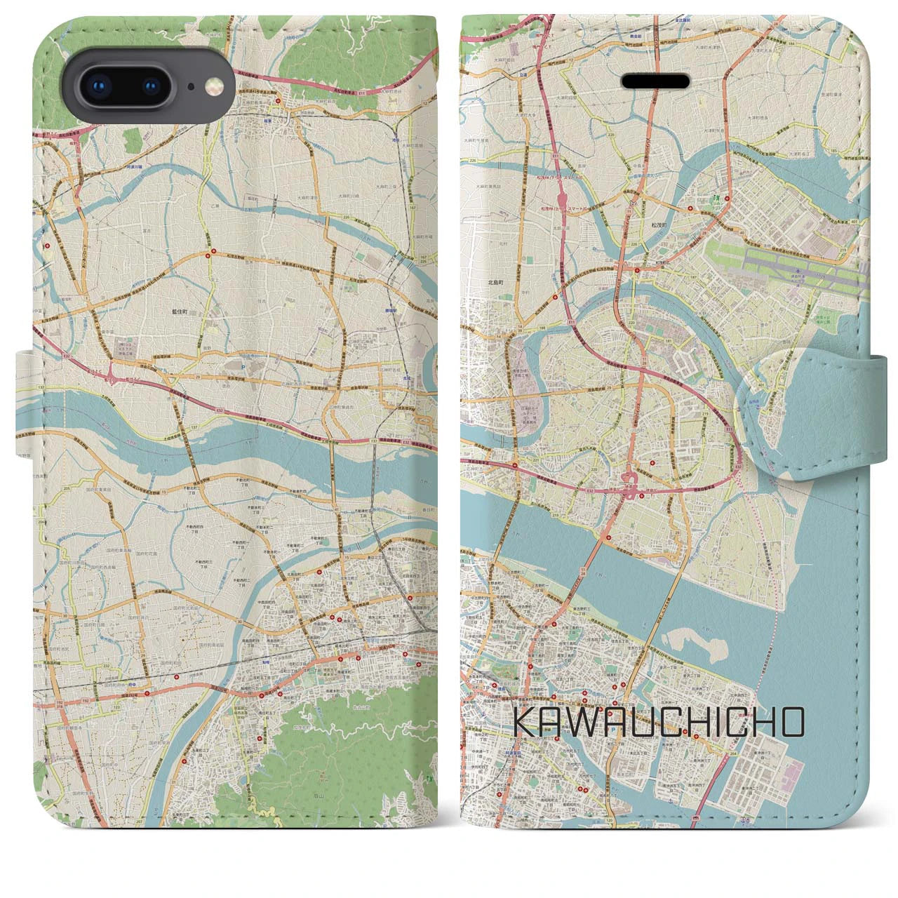 【川内町】地図柄iPhoneケース（手帳両面タイプ・ナチュラル）iPhone 8Plus /7Plus / 6sPlus / 6Plus 用