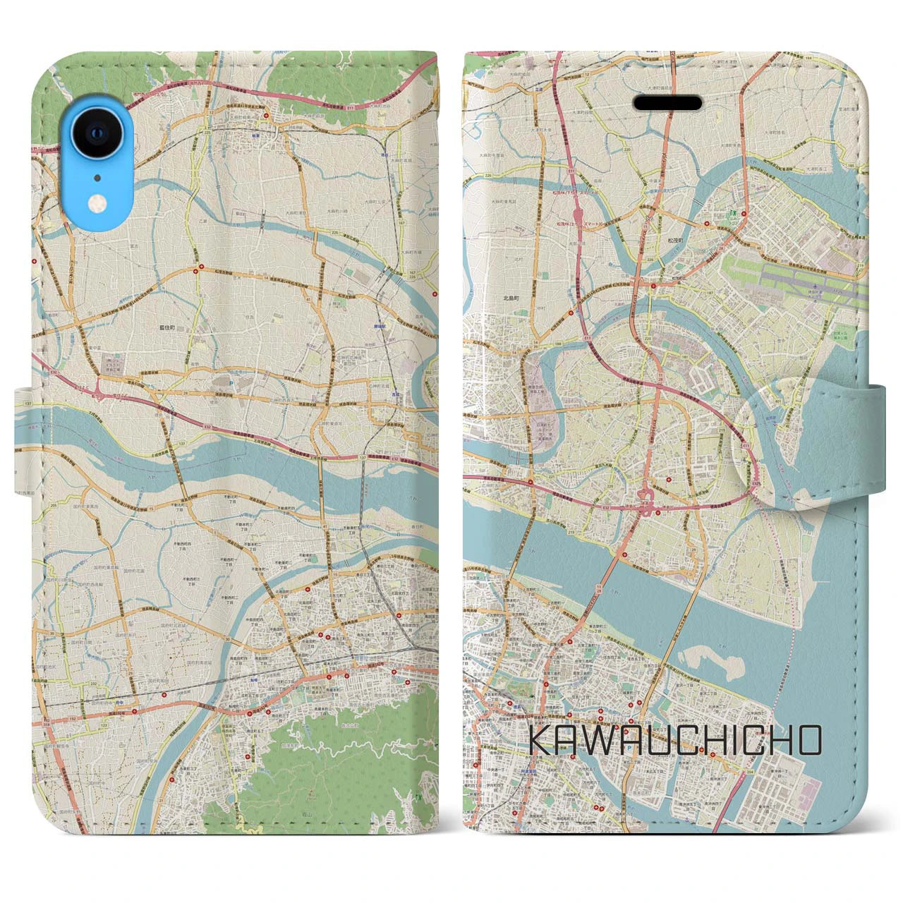 【川内町】地図柄iPhoneケース（手帳両面タイプ・ナチュラル）iPhone XR 用