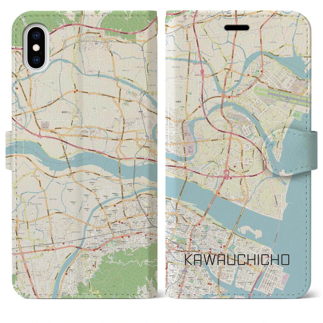 【川内町】地図柄iPhoneケース（手帳両面タイプ・ナチュラル）iPhone XS Max 用