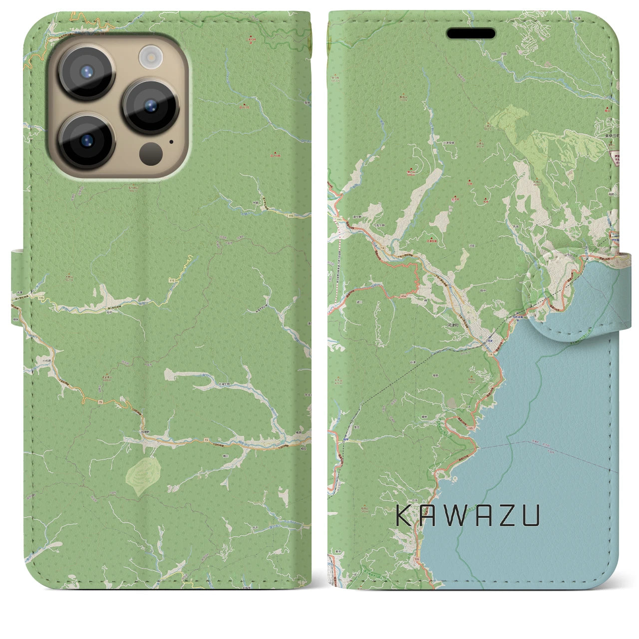【河津】地図柄iPhoneケース（手帳両面タイプ・ナチュラル）iPhone 14 Pro Max 用