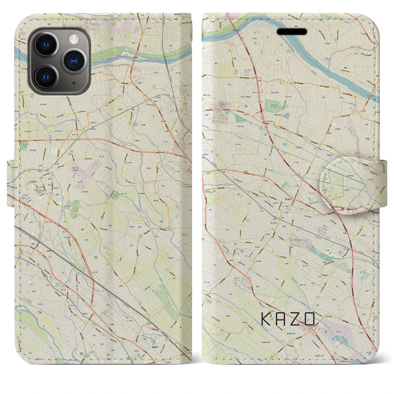 【加須】地図柄iPhoneケース（手帳両面タイプ・ナチュラル）iPhone 11 Pro Max 用