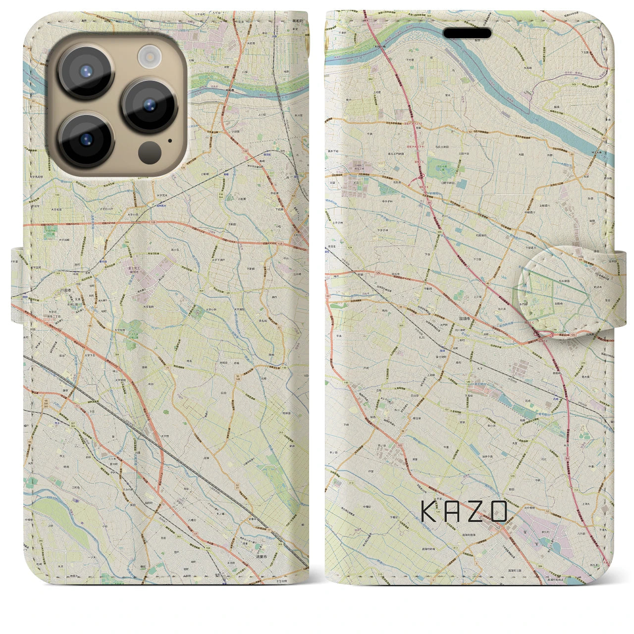 【加須】地図柄iPhoneケース（手帳両面タイプ・ナチュラル）iPhone 14 Pro Max 用