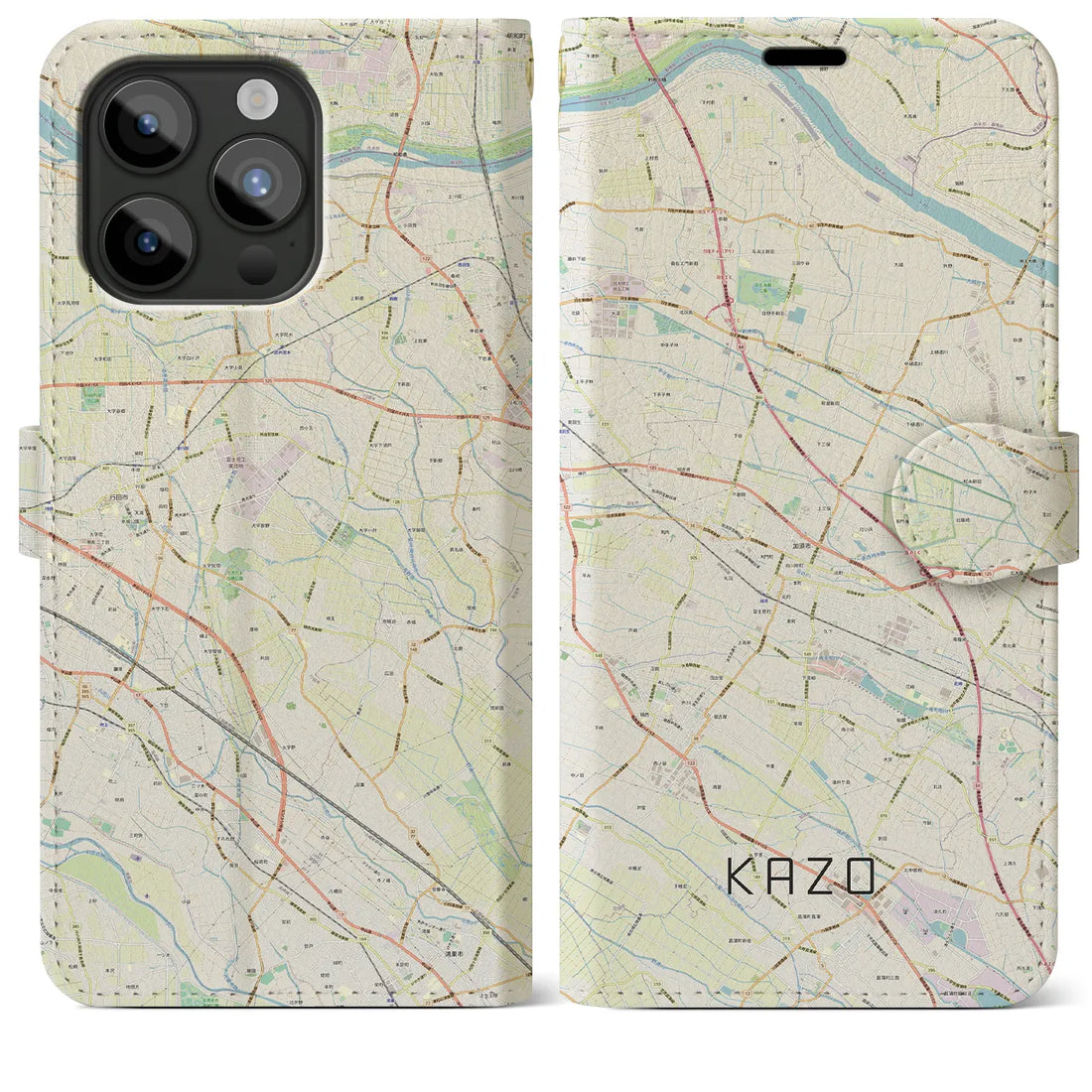 【加須】地図柄iPhoneケース（手帳両面タイプ・ナチュラル）iPhone 15 Pro Max 用