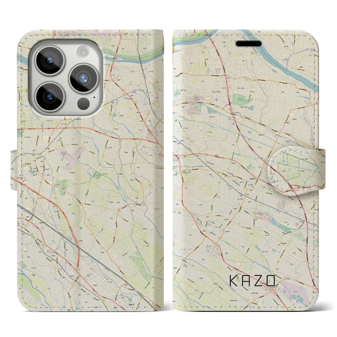 【加須】地図柄iPhoneケース（手帳両面タイプ・ナチュラル）iPhone 15 Pro 用