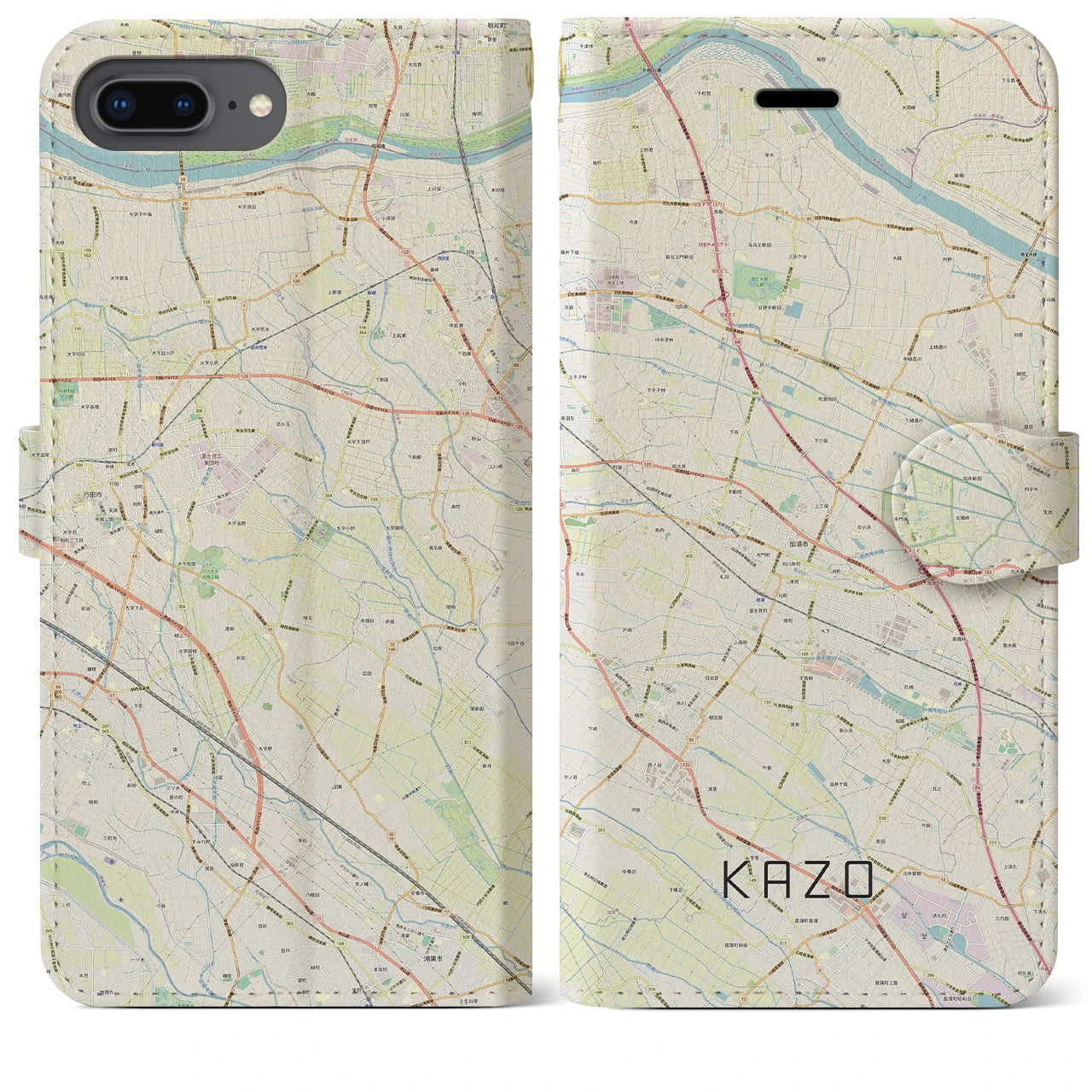 【加須】地図柄iPhoneケース（手帳両面タイプ・ナチュラル）iPhone 8Plus /7Plus / 6sPlus / 6Plus 用