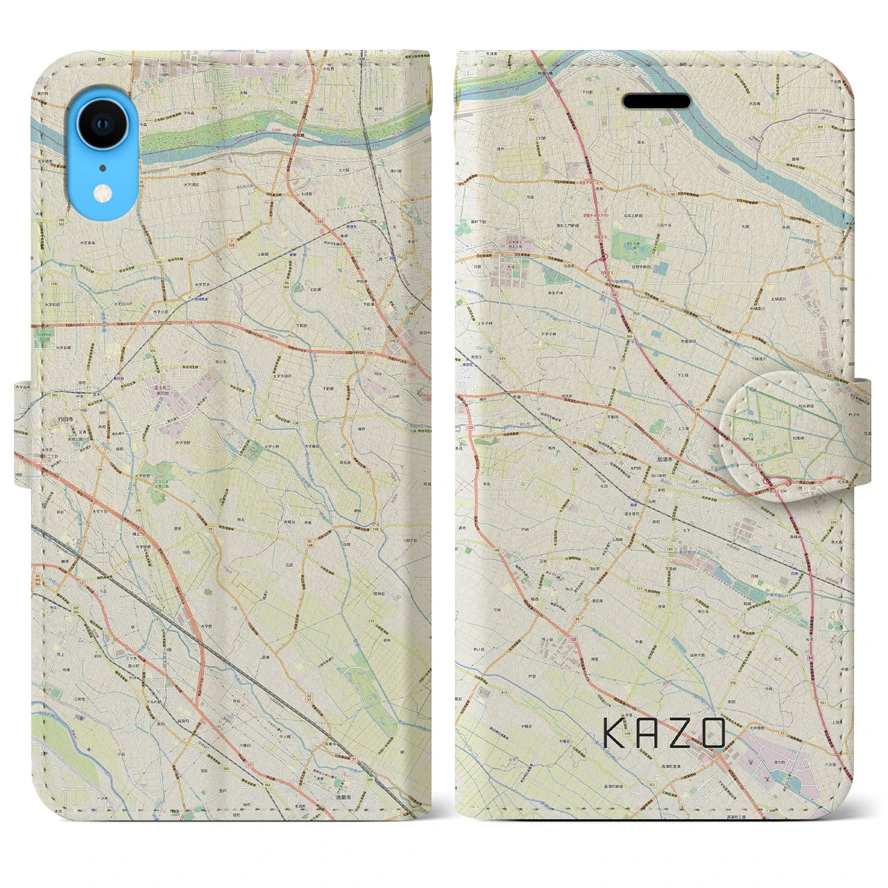【加須】地図柄iPhoneケース（手帳両面タイプ・ナチュラル）iPhone XR 用