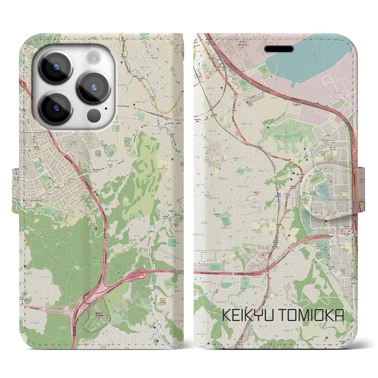 【京急富岡】地図柄iPhoneケース（手帳両面タイプ・ナチュラル）iPhone 14 Pro 用