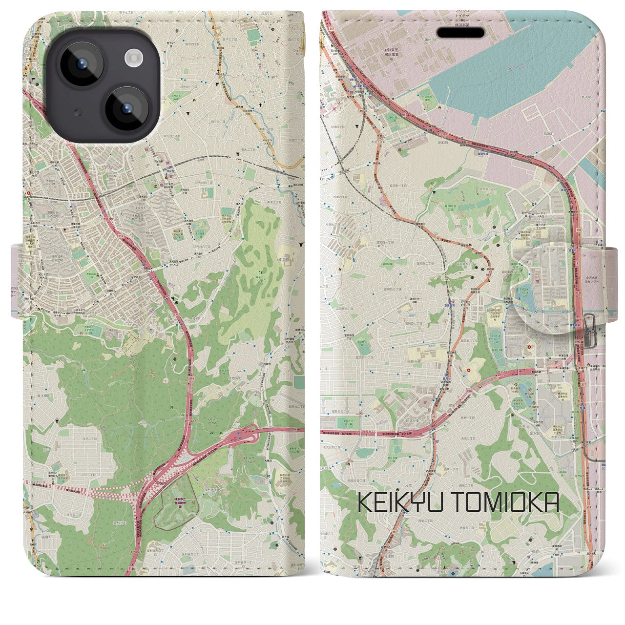 【京急富岡】地図柄iPhoneケース（手帳両面タイプ・ナチュラル）iPhone 14 Plus 用