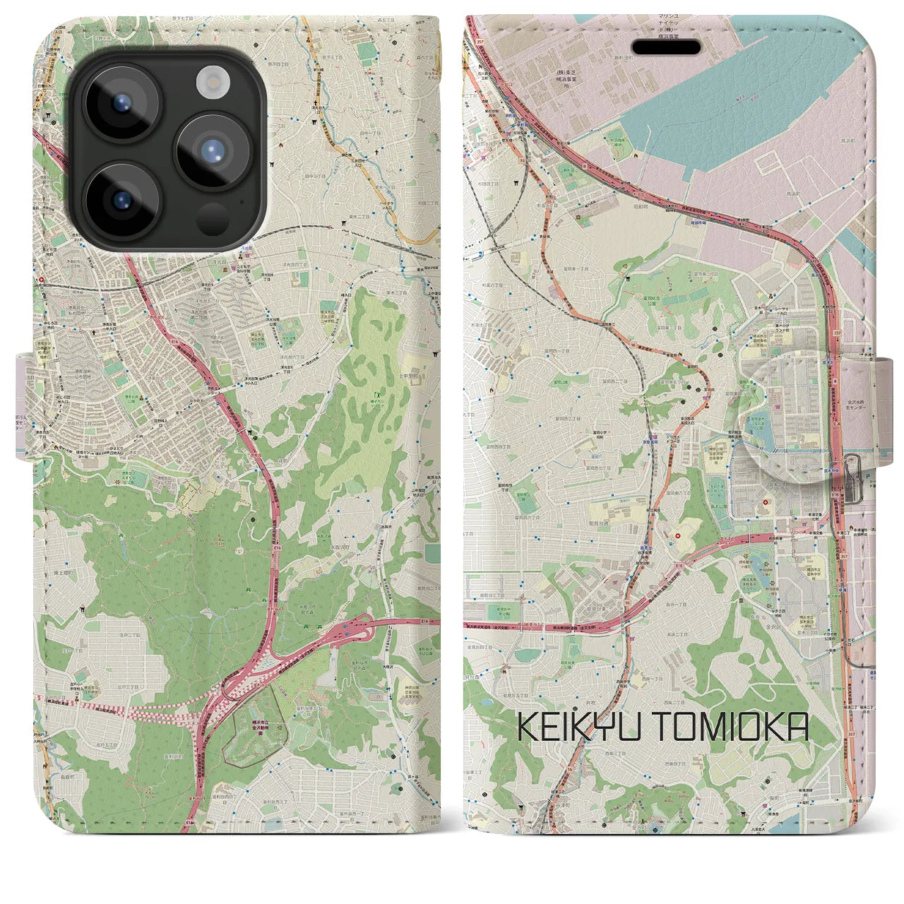 【京急富岡】地図柄iPhoneケース（手帳両面タイプ・ナチュラル）iPhone 15 Pro Max 用