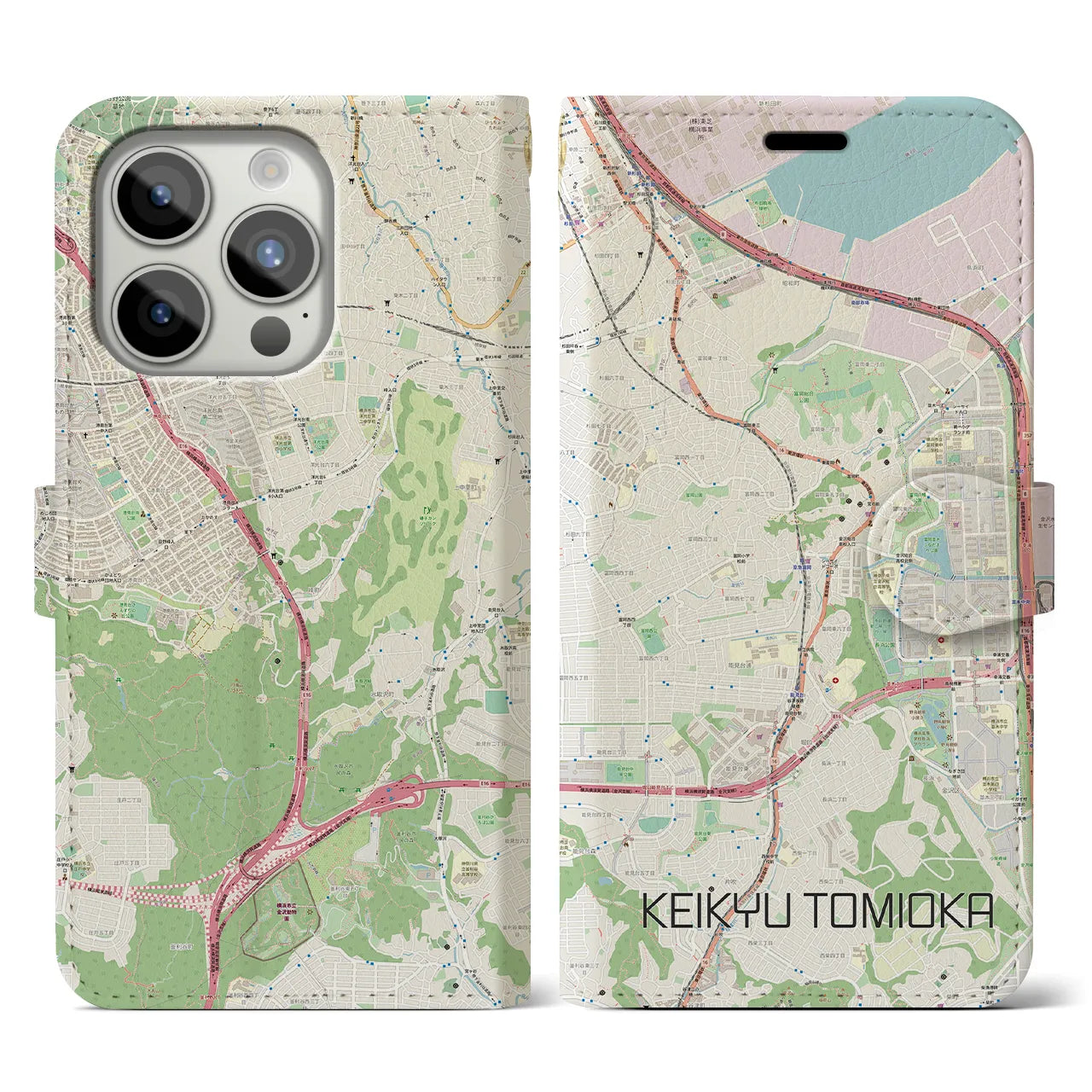【京急富岡】地図柄iPhoneケース（手帳両面タイプ・ナチュラル）iPhone 15 Pro 用