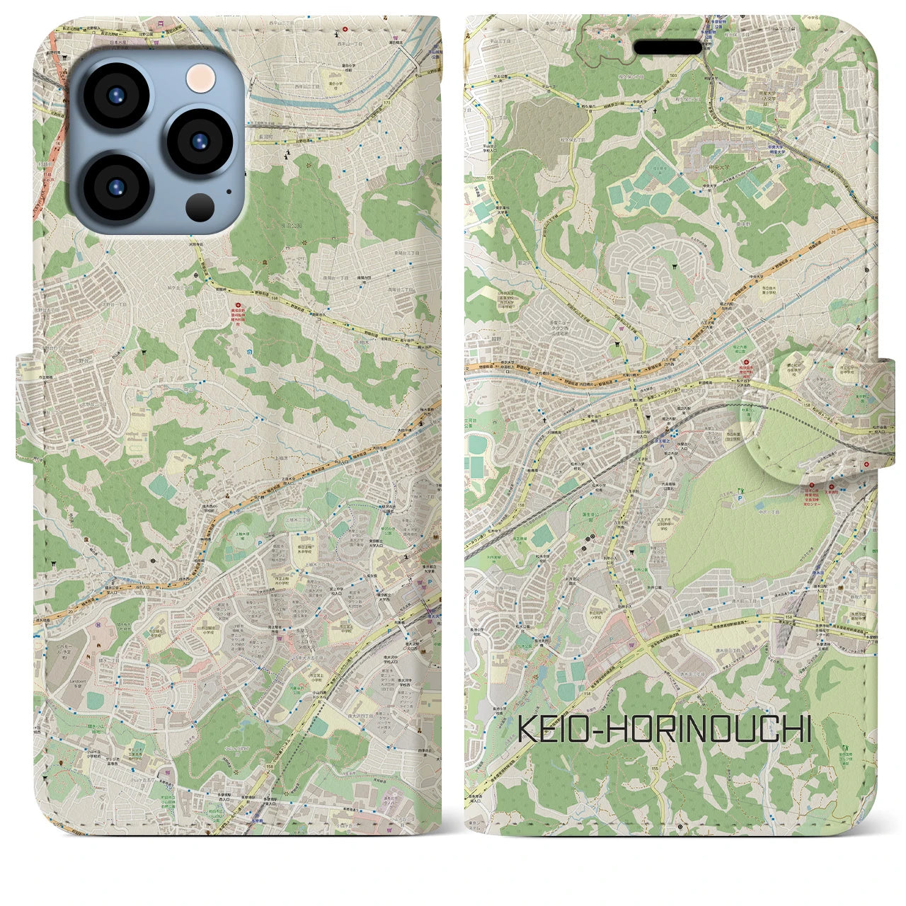 【京王堀之内】地図柄iPhoneケース（手帳両面タイプ・ナチュラル）iPhone 13 Pro Max 用
