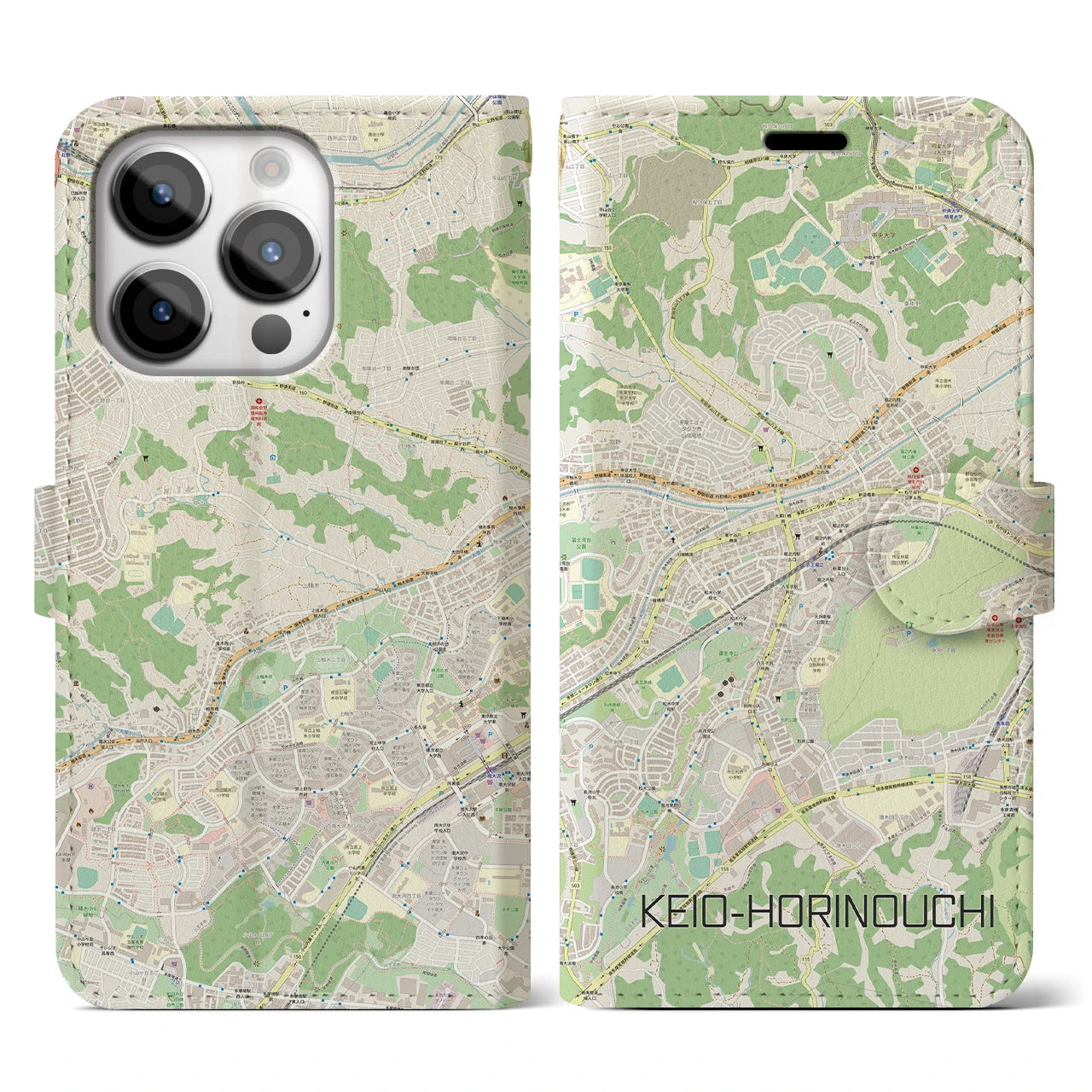 【京王堀之内】地図柄iPhoneケース（手帳両面タイプ・ナチュラル）iPhone 14 Pro 用