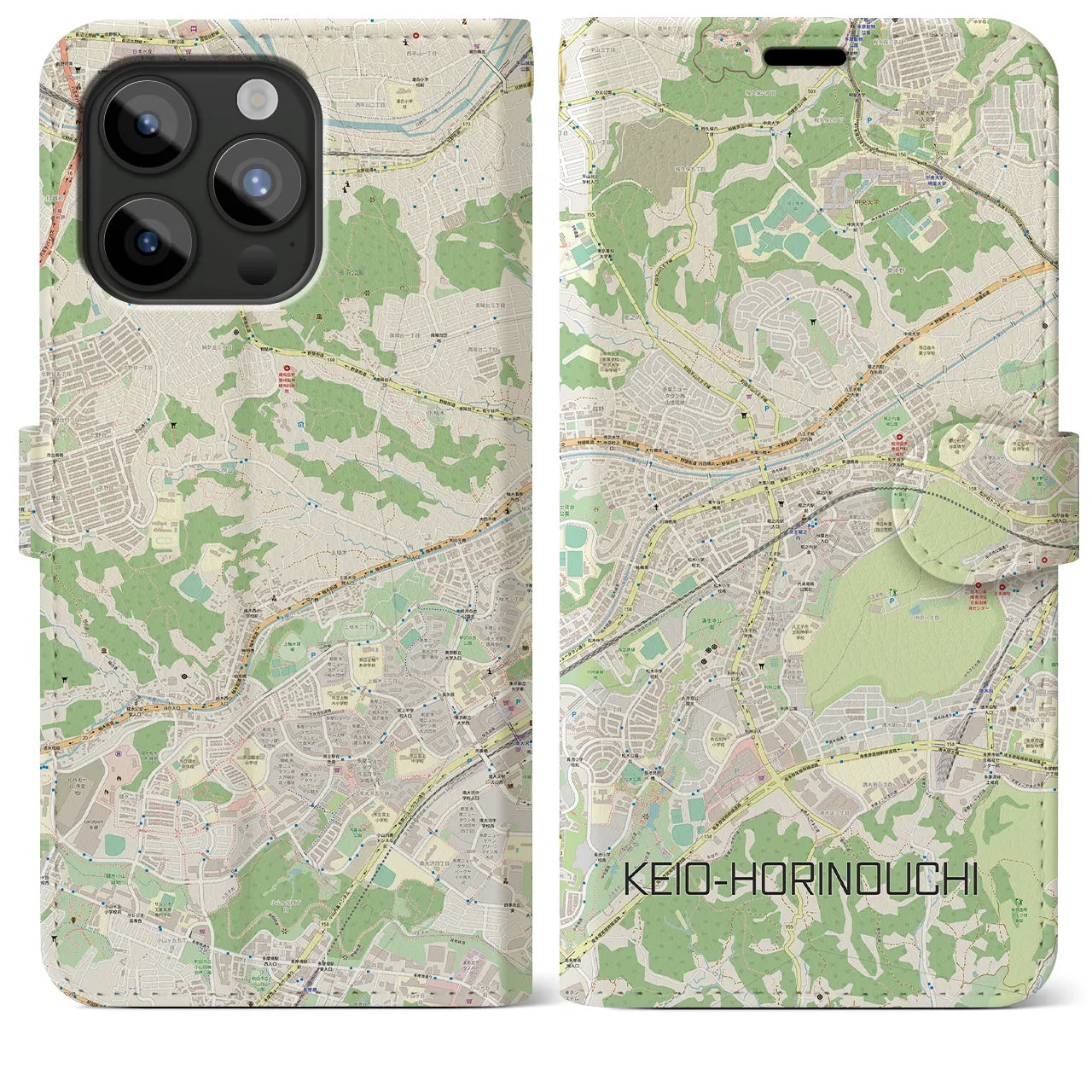 【京王堀之内】地図柄iPhoneケース（手帳両面タイプ・ナチュラル）iPhone 15 Pro Max 用