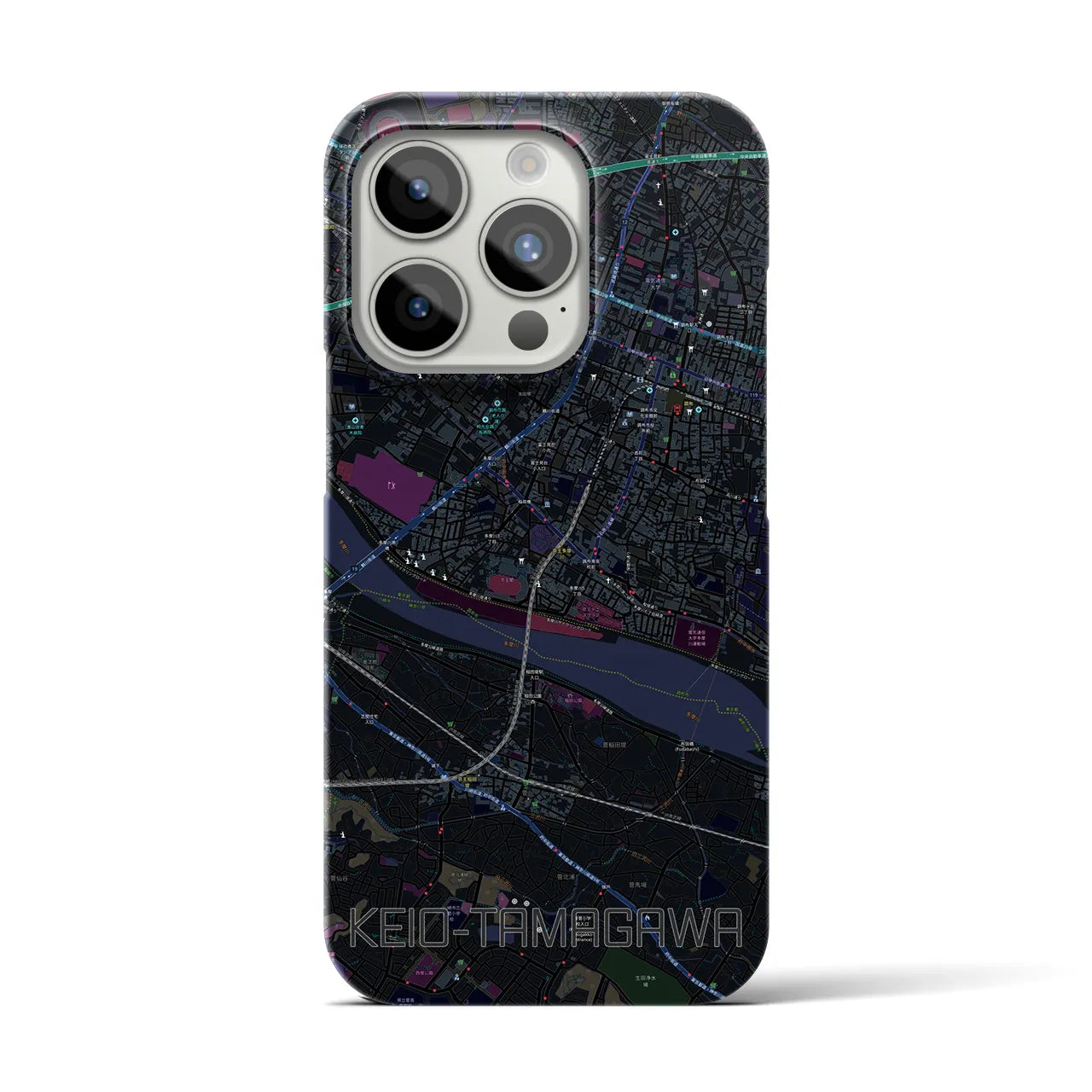 【京王多摩川】地図柄iPhoneケース（バックカバータイプ・ブラック）iPhone 15 Pro 用