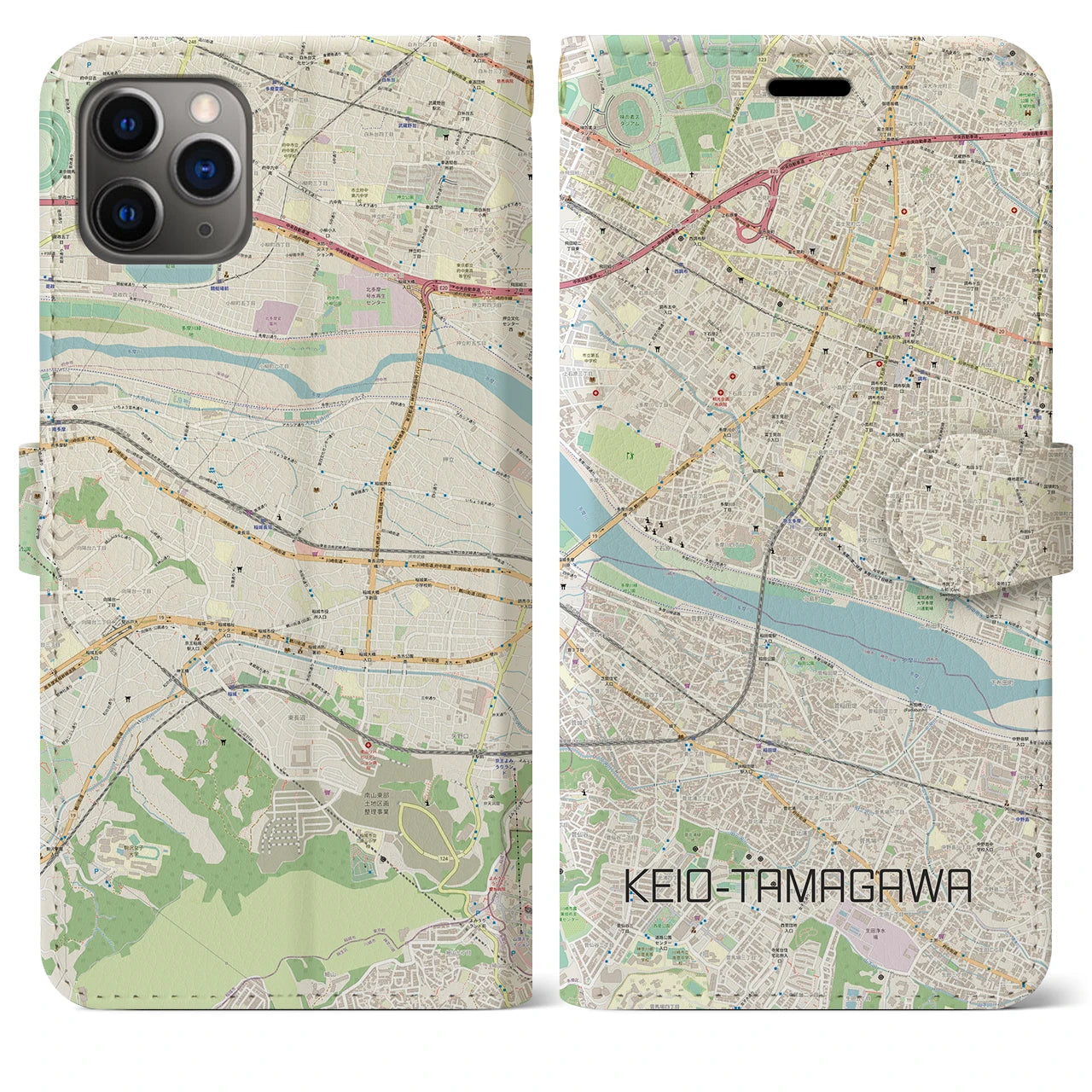 【京王多摩川】地図柄iPhoneケース（手帳両面タイプ・ナチュラル）iPhone 11 Pro Max 用