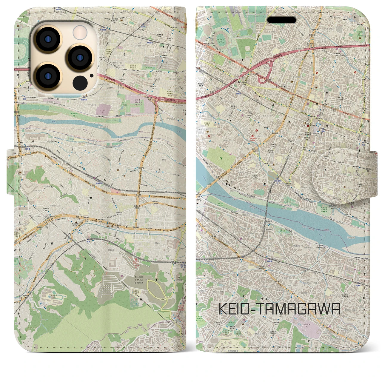 【京王多摩川】地図柄iPhoneケース（手帳両面タイプ・ナチュラル）iPhone 12 Pro Max 用