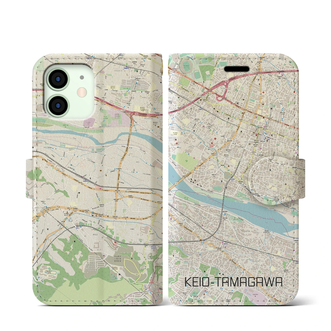 【京王多摩川】地図柄iPhoneケース（手帳両面タイプ・ナチュラル）iPhone 12 mini 用