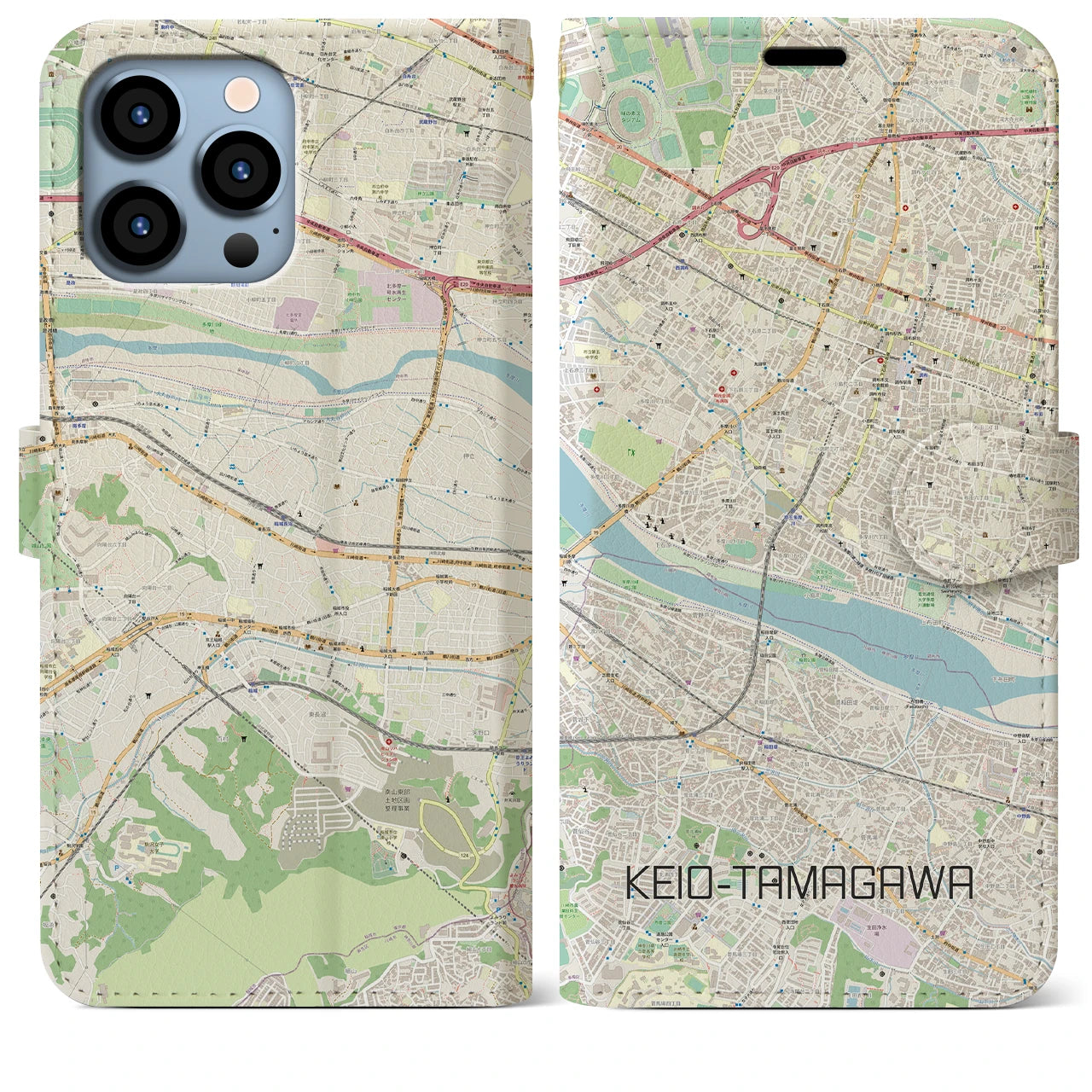 【京王多摩川】地図柄iPhoneケース（手帳両面タイプ・ナチュラル）iPhone 13 Pro Max 用