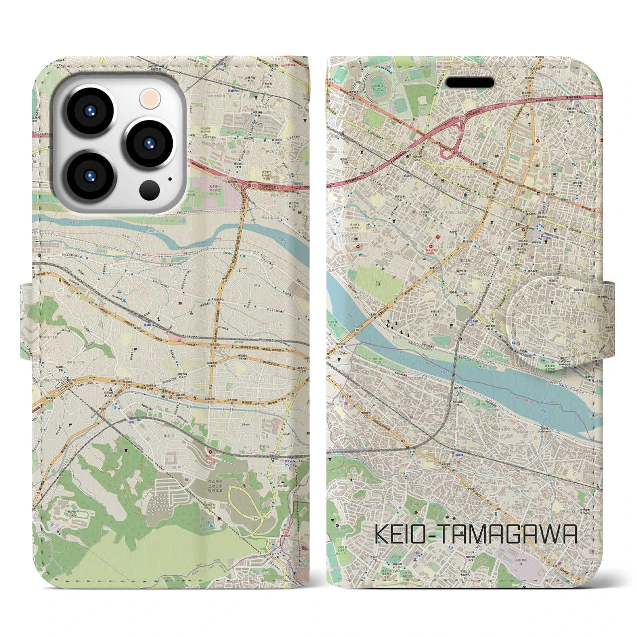 【京王多摩川】地図柄iPhoneケース（手帳両面タイプ・ナチュラル）iPhone 13 Pro 用