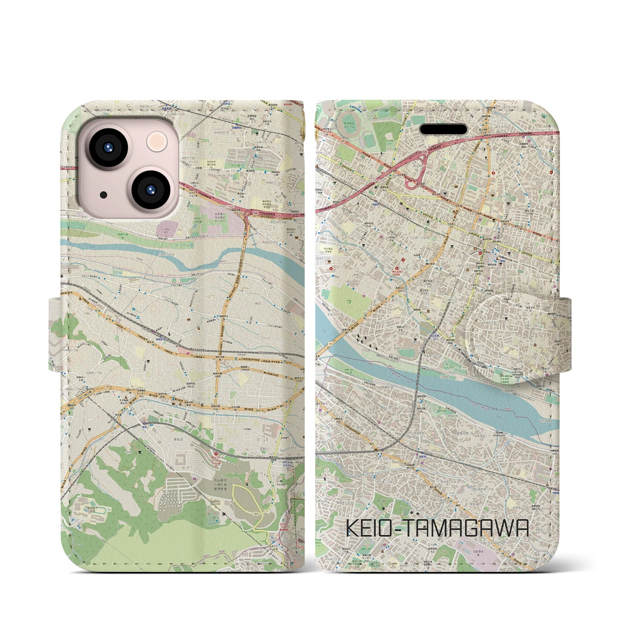【京王多摩川】地図柄iPhoneケース（手帳両面タイプ・ナチュラル）iPhone 13 mini 用