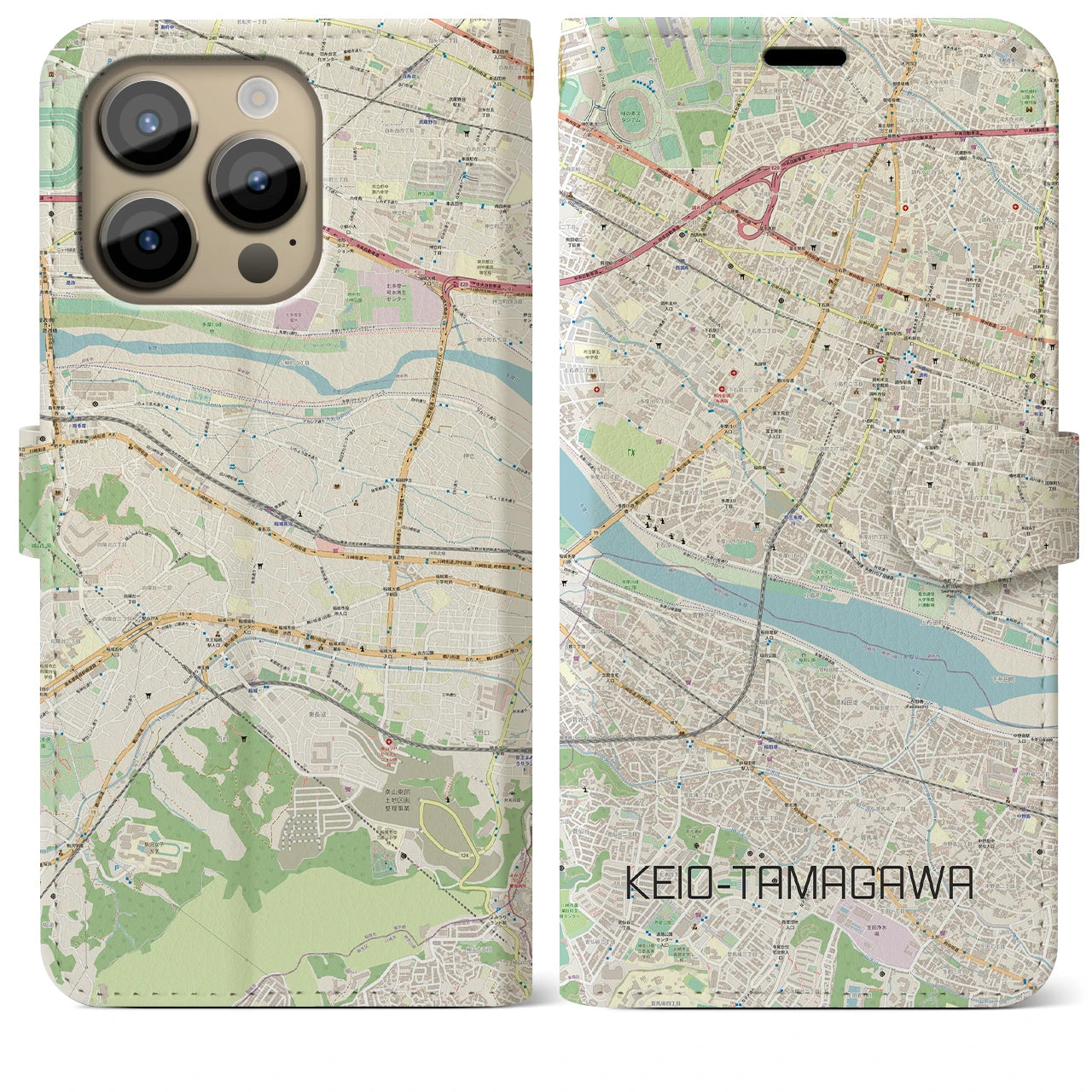 【京王多摩川】地図柄iPhoneケース（手帳両面タイプ・ナチュラル）iPhone 14 Pro Max 用