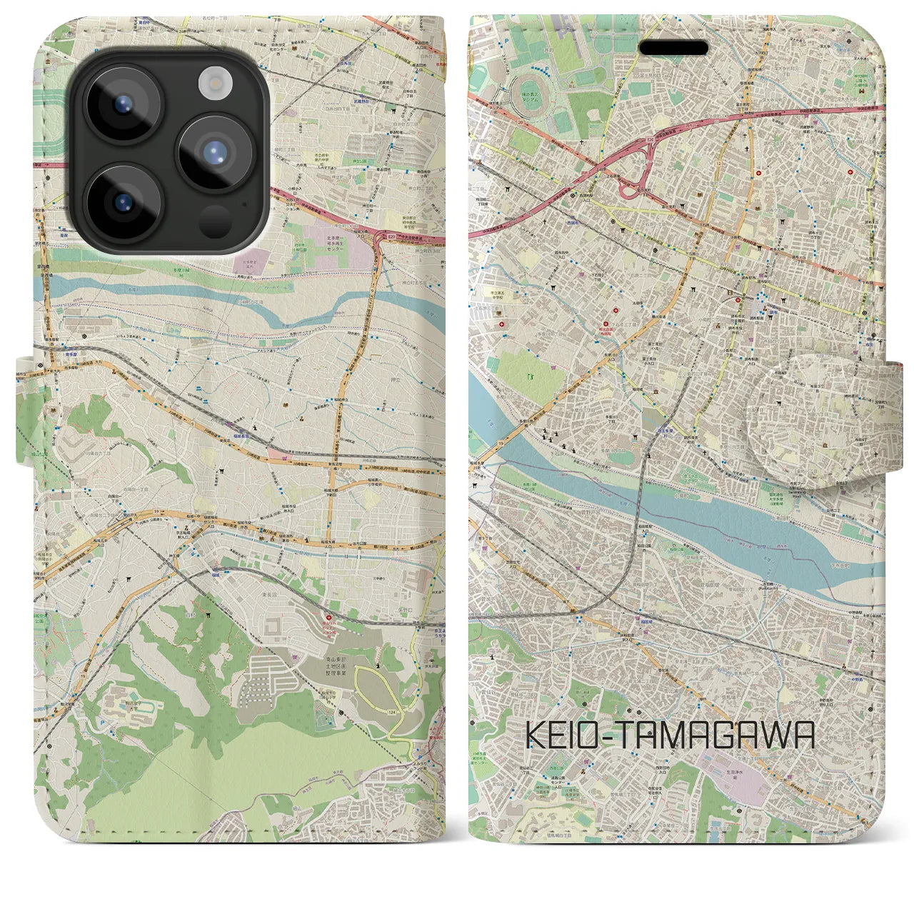 【京王多摩川】地図柄iPhoneケース（手帳両面タイプ・ナチュラル）iPhone 15 Pro Max 用