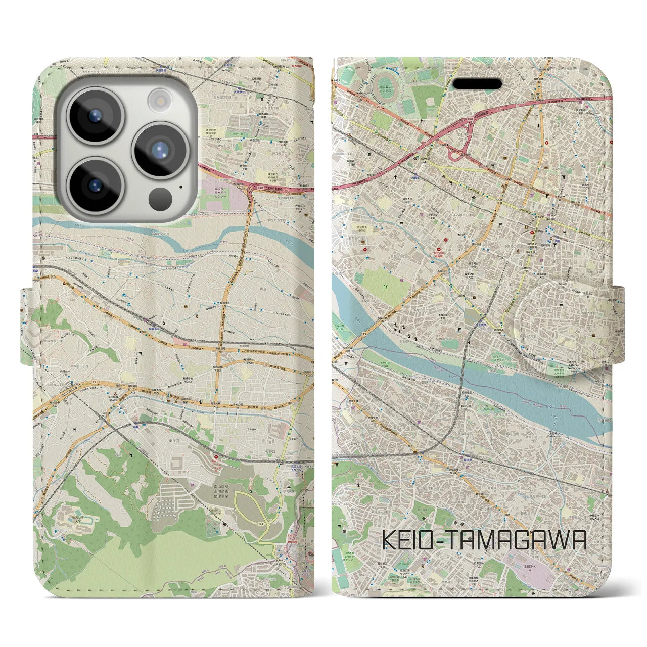 【京王多摩川】地図柄iPhoneケース（手帳両面タイプ・ナチュラル）iPhone 15 Pro 用