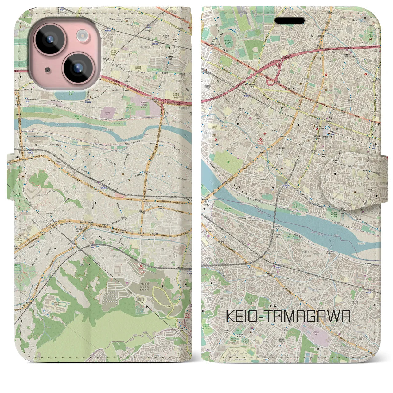 【京王多摩川】地図柄iPhoneケース（手帳両面タイプ・ナチュラル）iPhone 15 Plus 用