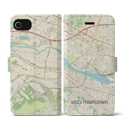 【京王多摩川（東京都）】地図柄iPhoneケース（手帳タイプ）ナチュラル・iPhone SE（第3 / 第2世代） / 8 / 7 / 6s / 6 用
