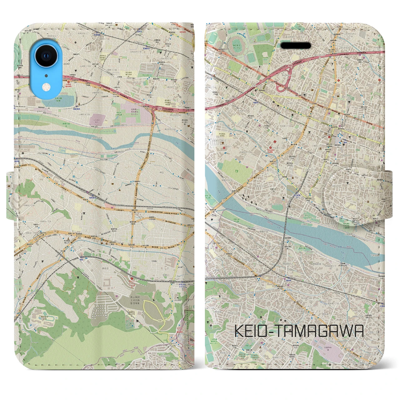 【京王多摩川】地図柄iPhoneケース（手帳両面タイプ・ナチュラル）iPhone XR 用