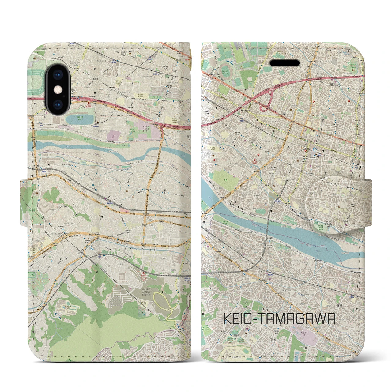 【京王多摩川】地図柄iPhoneケース（手帳両面タイプ・ナチュラル）iPhone XS / X 用