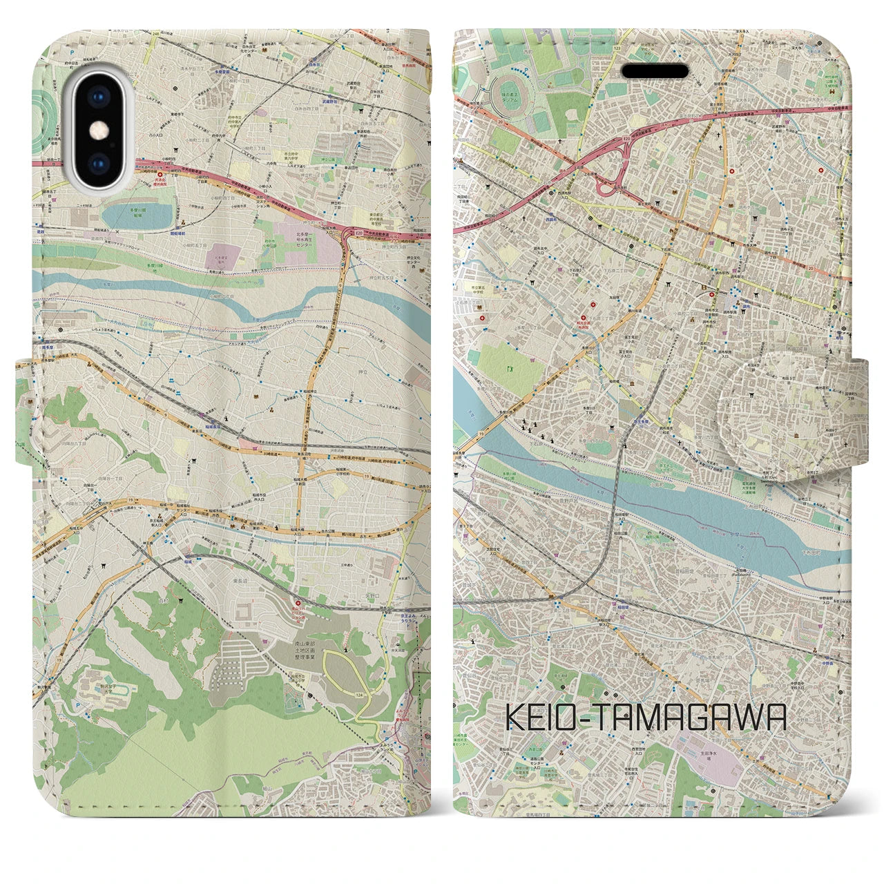 【京王多摩川】地図柄iPhoneケース（手帳両面タイプ・ナチュラル）iPhone XS Max 用