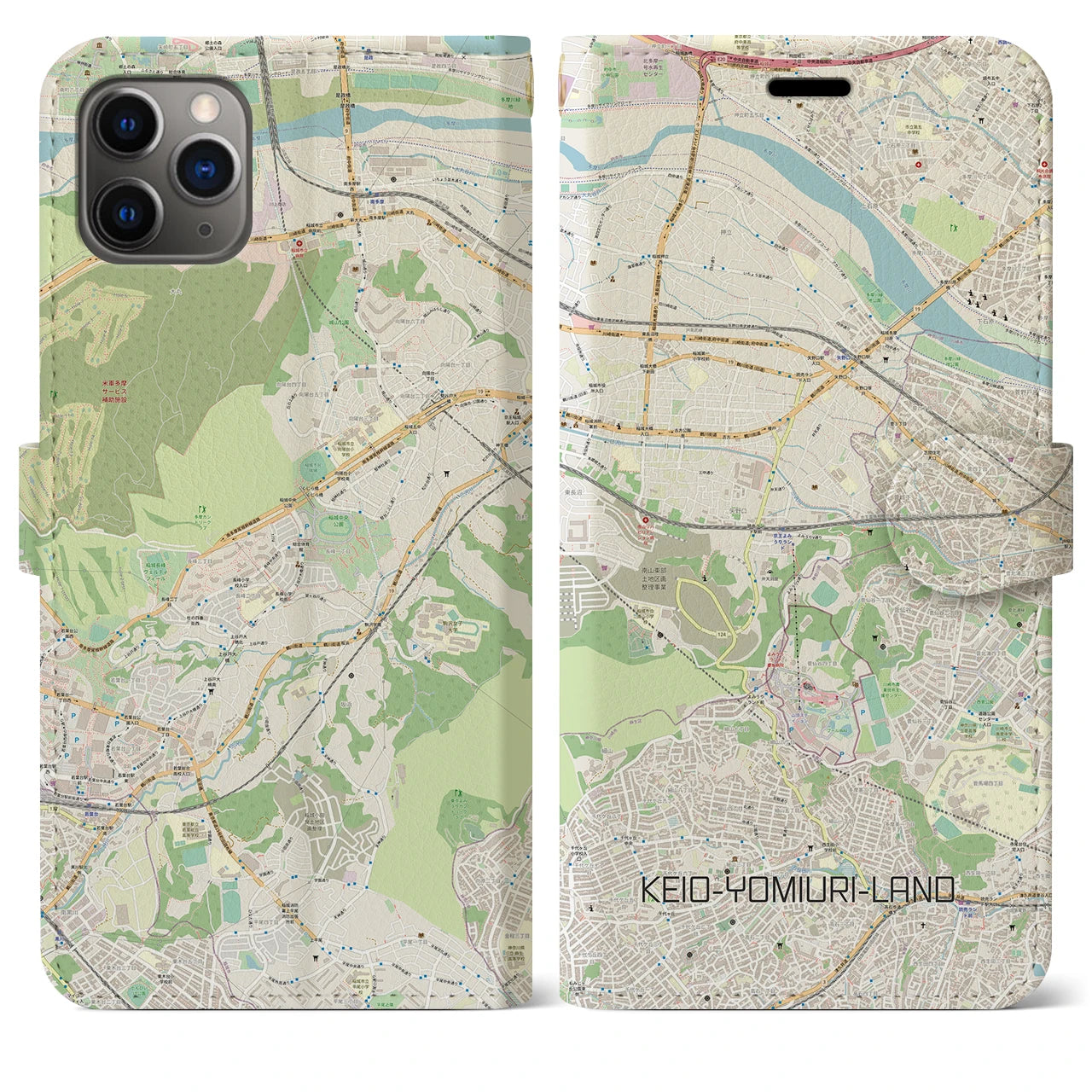 【京王よみうりランド】地図柄iPhoneケース（手帳両面タイプ・ナチュラル）iPhone 11 Pro Max 用