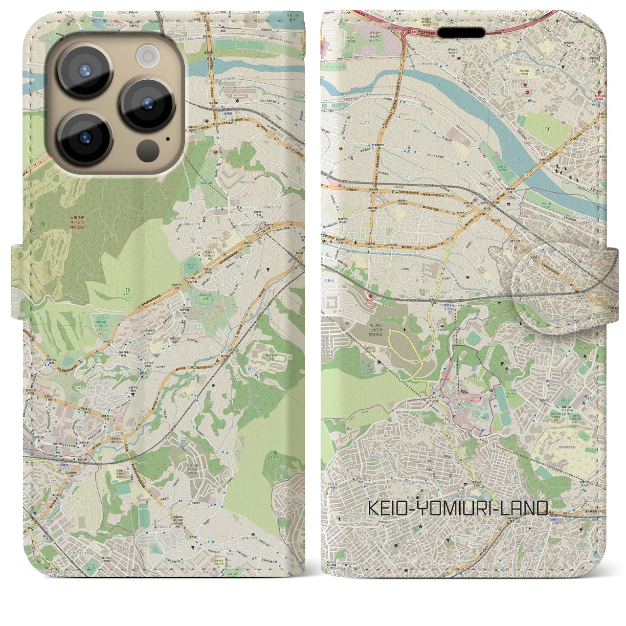 【京王よみうりランド】地図柄iPhoneケース（手帳両面タイプ・ナチュラル）iPhone 14 Pro Max 用