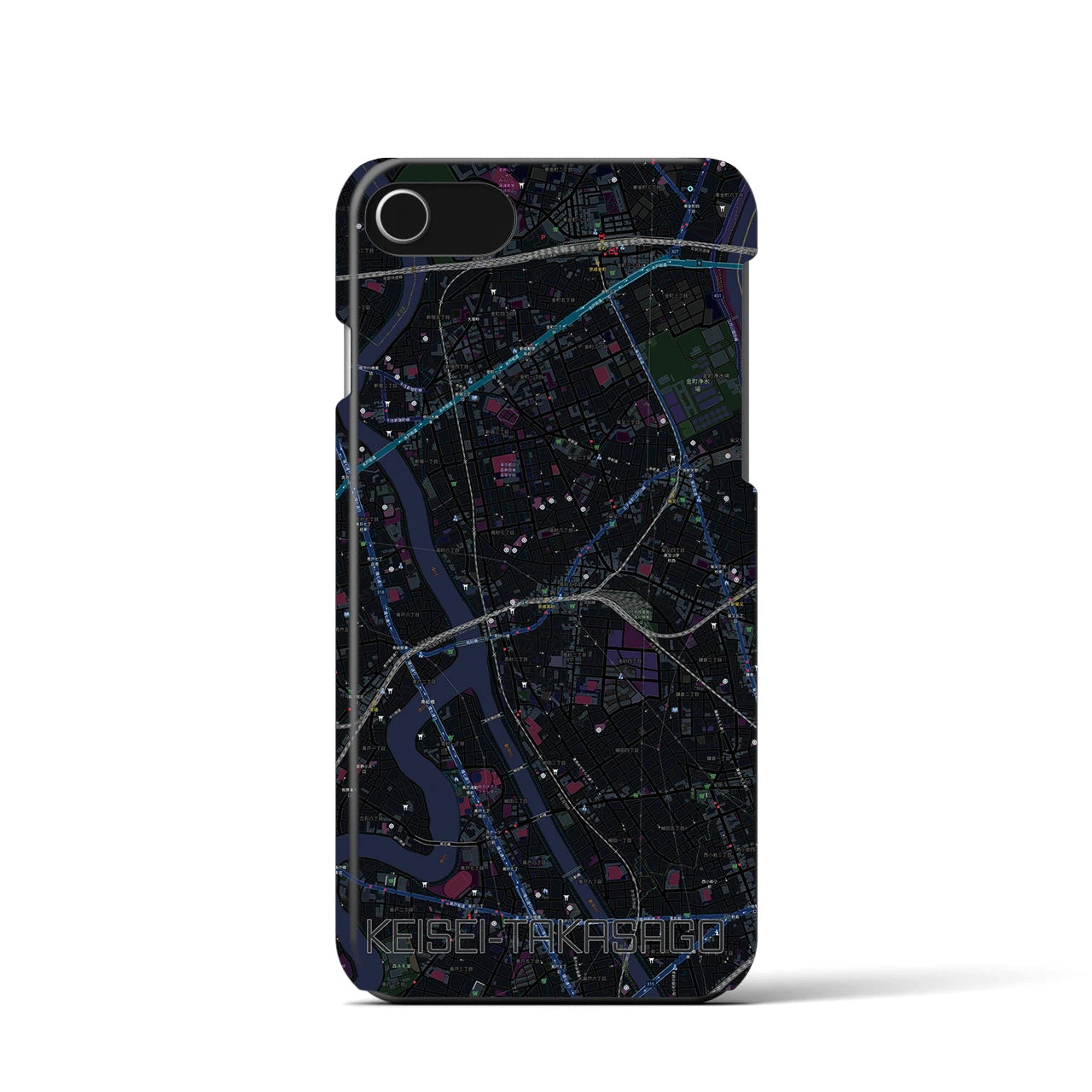 【京成高砂】地図柄iPhoneケース（バックカバータイプ・ブラック）iPhone SE（第3 / 第2世代） / 8 / 7 / 6s / 6 用