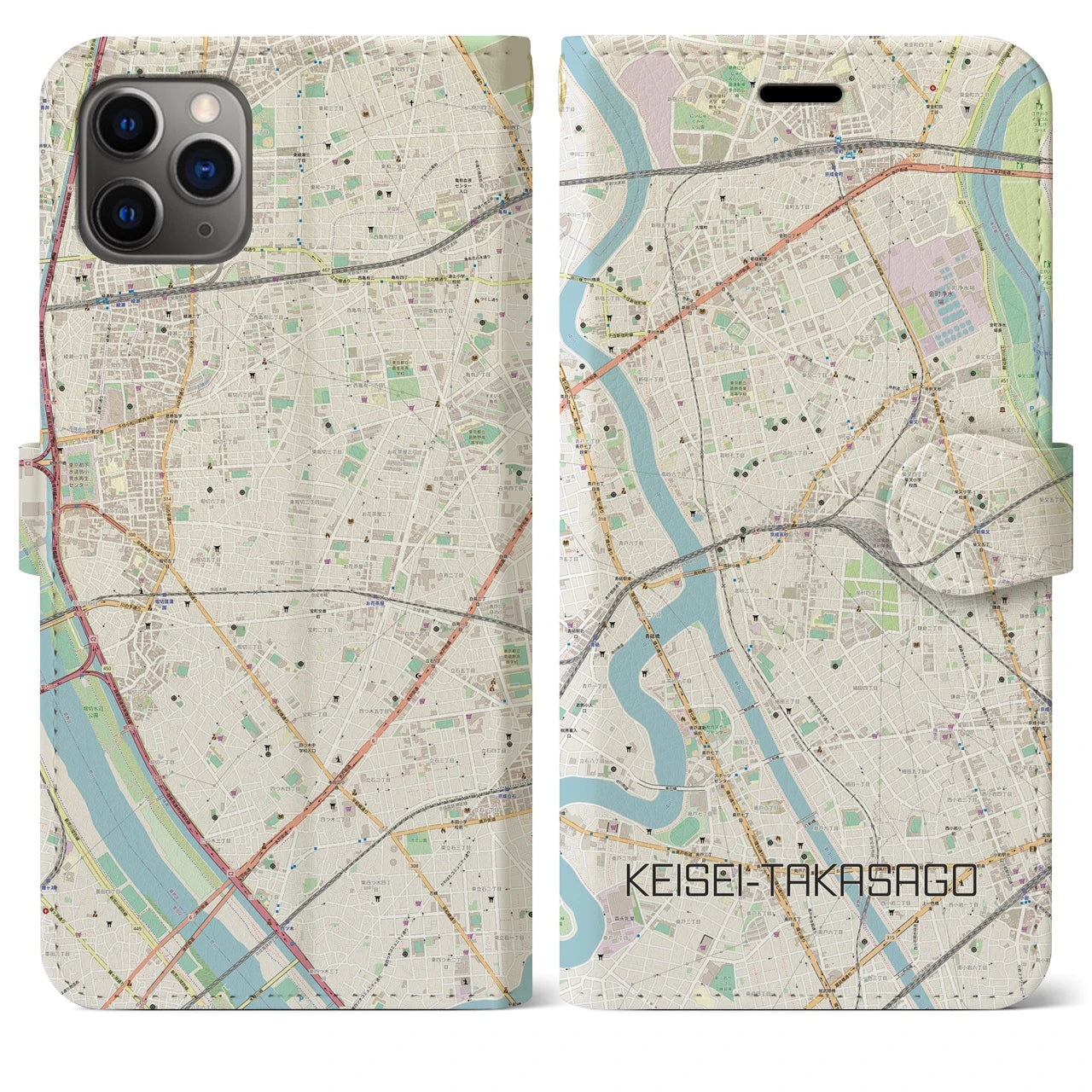 【京成高砂】地図柄iPhoneケース（手帳両面タイプ・ナチュラル）iPhone 11 Pro Max 用